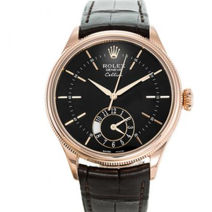 Eins zu eins Replik Rolex Cellini 50525 schwarze Platte Roségold, Dual-Zeit-Zonen-Chronograph bei 6 Uhr