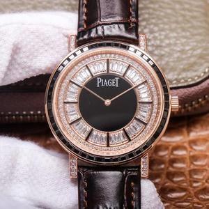 UU Piaget außergewöhnliche Schätze, ultradünne volle Diamant-Kollektion, Herrenuhr, RindslederBand, automatische mechanische Bewegung