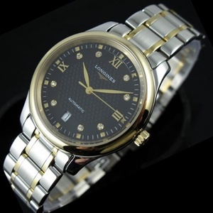 Reloj suizo Longines Masters series reloj para hombre Movimiento original suizo Oro de 18 quilates totalmente en acero Movimiento mecánico automático Correa de acero Reloj para hombre Esfera negra Escala romana de diamantes.