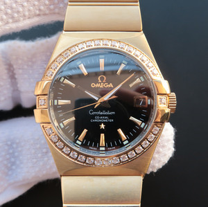 Omega Constellation Serie 123.20.35 Acero Inoxidable Chapado 18k Amarillo Oro Pulsera Caja Negro Cara Mecánico Reloj de hombre