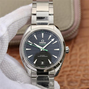 VS Omega Seamaster 150M "Teak" placa de patrón horizontal, superficie negra, aguja verde, correa de acero inoxidable, réplica 8900 movimiento mecánico automático, reloj de hombre