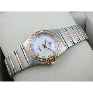 Reloj suizo famoso Omega Constellation serie señoras reloj caja de diamantes 18K cinturón de acero de oro rosa caja romana de dos pines escala de diamante blanco nácar cara de cuarzo suizo hembra