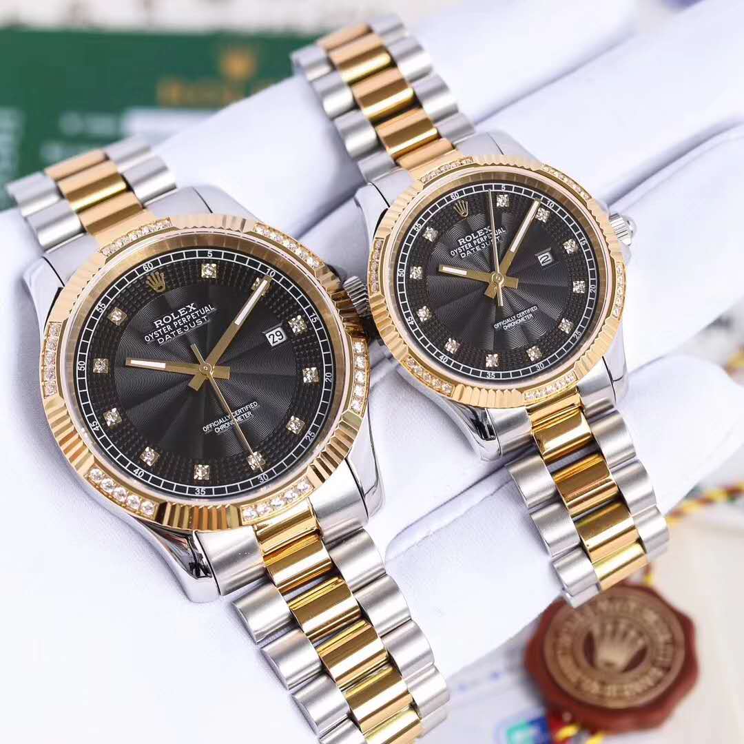 Nuevos relojes Rolex Oyster Perpetual Series Couple de cara negra, relojes Rolex Gold Diamond para hombre y mujer (precio unitario) 