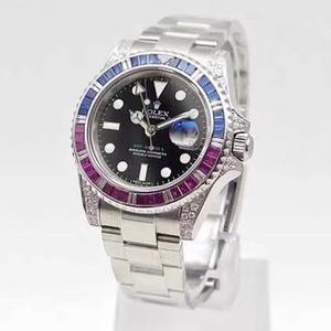 Nuovo prodotto della fabbrica BP, Rolex tempestato di diamanti, cerchio arcobaleno di pietre preziose SERIE GMT Greenwich, taglia 40mm unisex