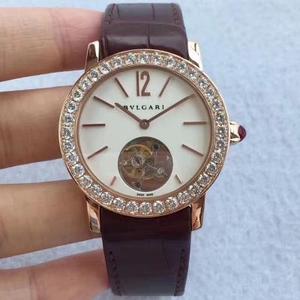 TF nuovo specchio concavo Bulgari, tourbillon da donna di 37 mm di diametro, dotato di manuale retrò eccentrico tourbillon, importato pelle di alligatore dall'America