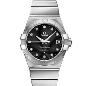 VS Omega Constellation 123.10.38.21.51.001 orologio meccanico da uomo con quadrante nero.