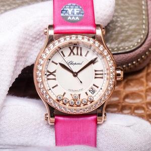 Horloge YF Chopard Happy Diamond 278559-3003, mechanisch dameshorloge met diamanten bezaaid roségoud, zijden band